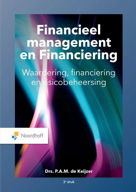 De boekcover van financieel management en financiering toont witte tekst op een dynamische achtergrond van teal, magenta en paarse lichtstrepen
