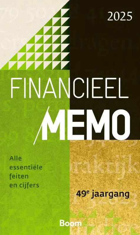 Cover van de financieel memo 2025 gids met een gedurfd groen en zwart geometrisch ontwerp en essentiële feiten