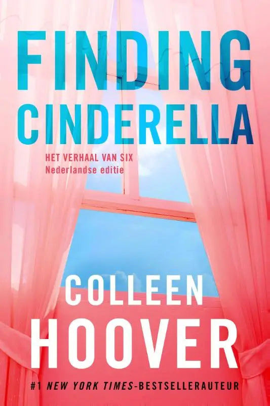 Boekcover van finding cinderella door colleen hoover met blauwe tekst en roze gordijnen nederlandstalige paperback