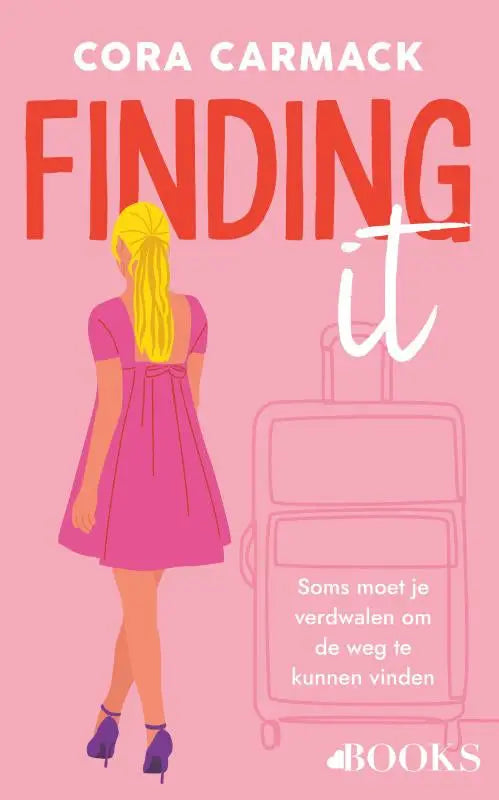 Boekcover finding it door cora carmack met vrouw in roze jurk en paarse hakken naast koffer voor liefdesboeken