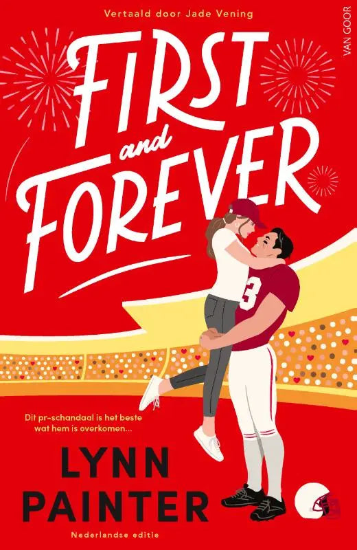 Rood boek met de titel first and forever in witte letters en een tekening van een omhelzend paar op een sportveld
