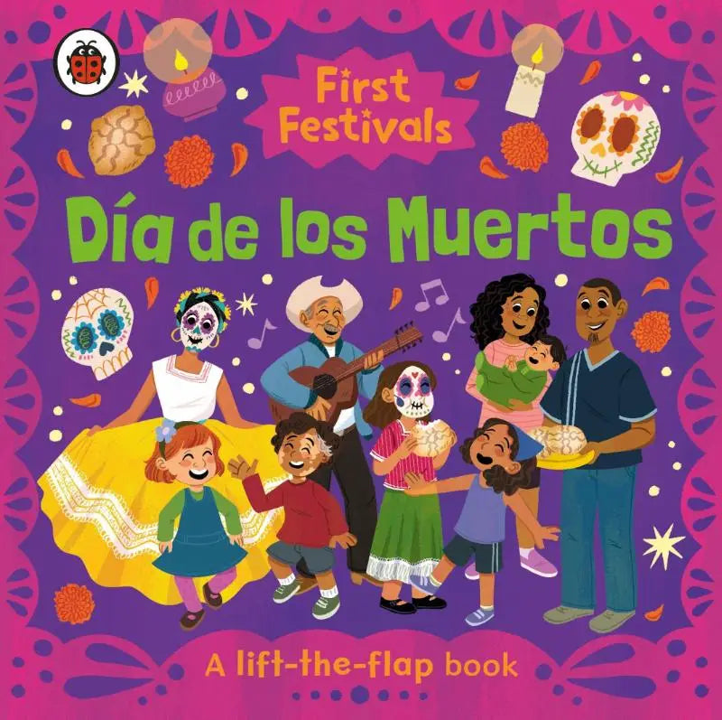 Levendig kleurrijk board book first festivals dia de los muertos met familie en traditionele suiker schedels en goudsbloemen