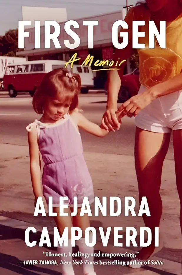 The book cover of First gen a memoir shows a vintage photo of a girl in a lavender dress holding an adult womans hand