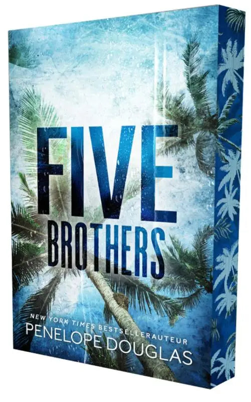 Blauw hardcoverboek five brothers van penelope douglas met tropisch strand en palmbomen op de omslag