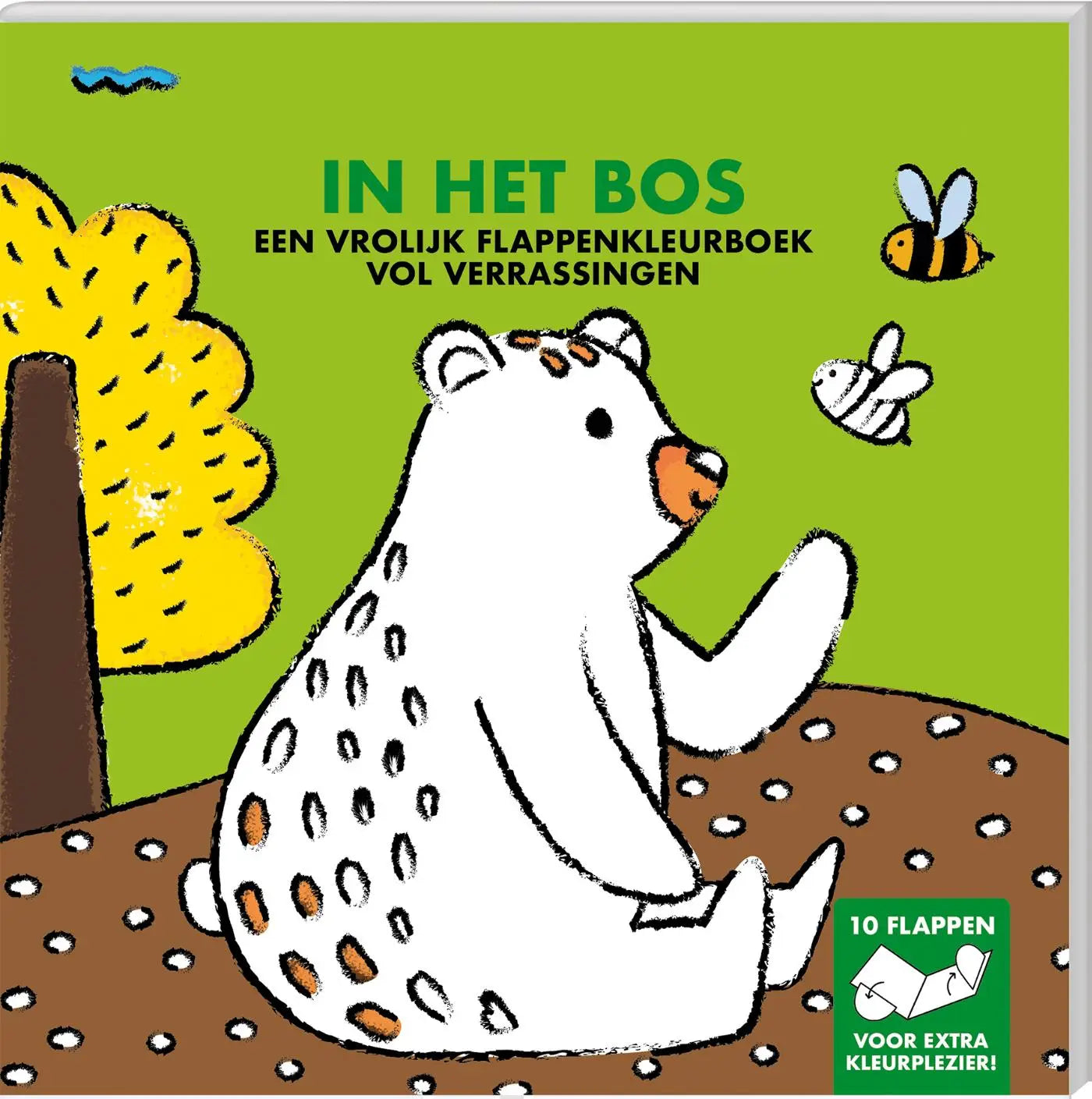 Flappenkleurboek in het bos toont een witte beer met bruine vlekken voor jonge lezers in een bosrijke omgeving