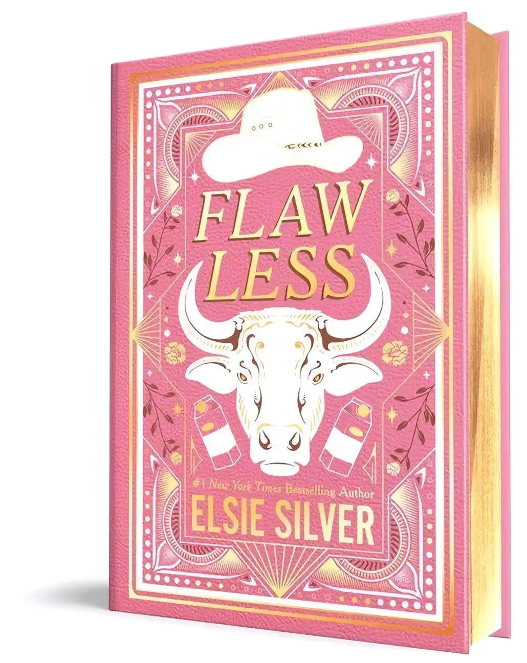 Roze hardcover boek flawless us collector’s edition met gouden folie letters en witte illustraties van een stierenkop en medicijnen door elsie silver hedendaagse romantiek