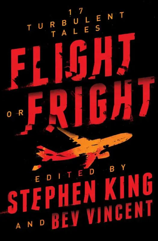 Cover van flight or fright met rode en oranje distressed tekst en een vliegtuigillustratie voor turbulente verhalen