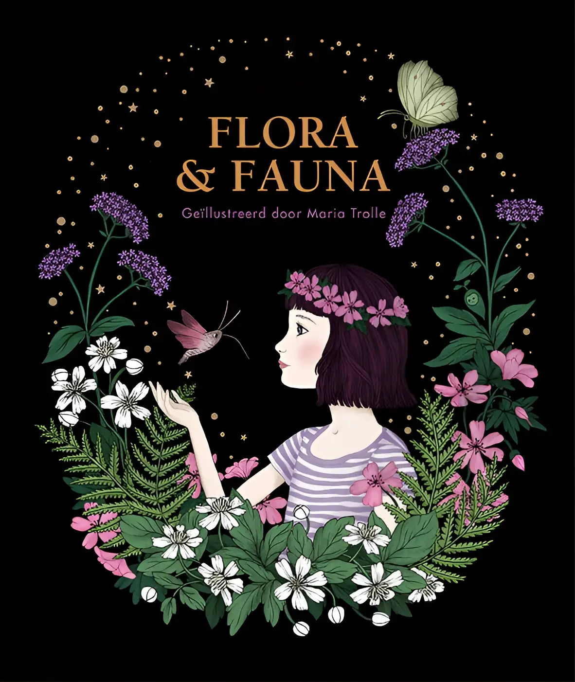 Flora & fauna kleurboek met illustratie van meisje met donker haar en bloemenkrans van paarse en witte bloemen