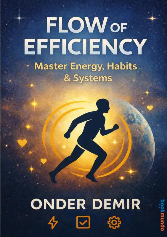 De boekcover van flow of efficiency door onder demir toont een silhouette van een hardloper met gouden energieringen om energie te beheersen