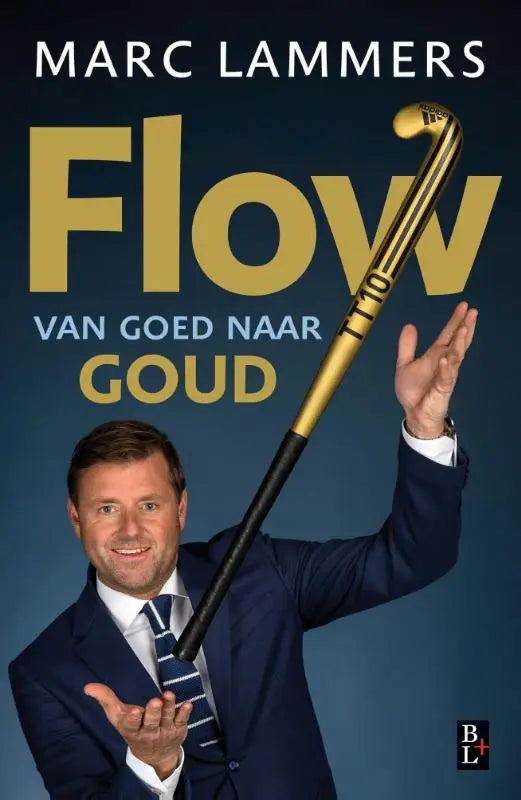 Gold en zwarte veldhockeystick met l10 branding uit flow collectie voor teams in een flow