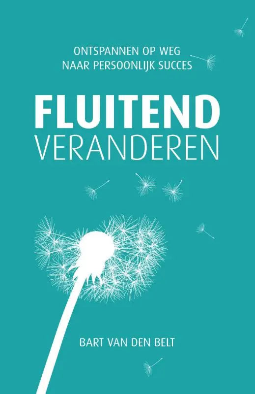 Illustratie van een witte paardenbloem met verfijnde zaden op een effen teal achtergrond voor fluitend veranderen en persoonlijk succes