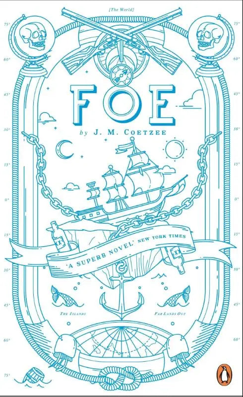 Een teal lijnkunst boekomslag van foe met een nautisch thema en vroege achttiende eeuwse elementen zoals kruisende geweren en anker