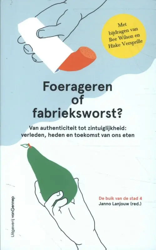 De boekcover van foerageren of fabrieksworst toont een minimalistische illustratie van handen met voedsel op lichte blauwe achtergrond flevo campus