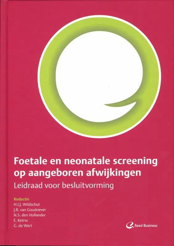 Vibrante rode boekcover van bsl media met minimalistisch logo en titel over neonatale screening en aangeboren afwijkingen