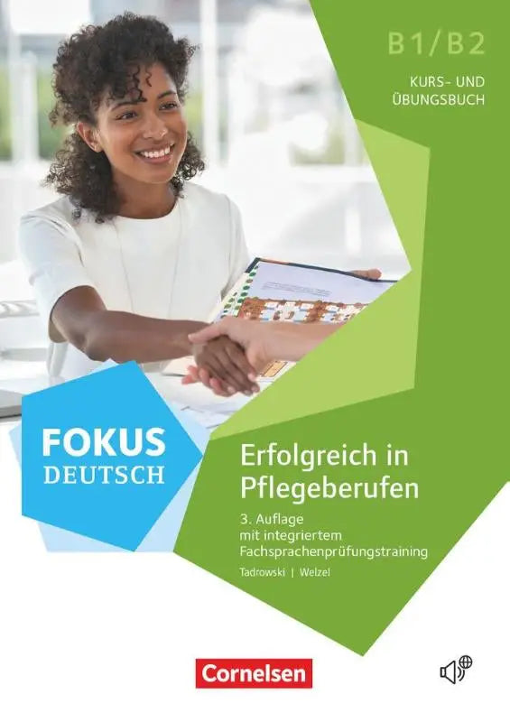 Groen en blauw geometrisch ontworpen textbook cover voor fokus deutsch b1-c1 succesvol in zorgberoepen door cornelsen