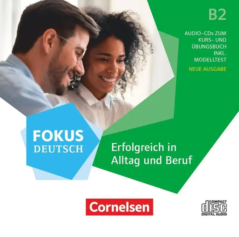 Groen en blauw geometrisch ontwerp fokus deutsch met glimlachende man en vrouw kijkend naar scherm neu bsk cds