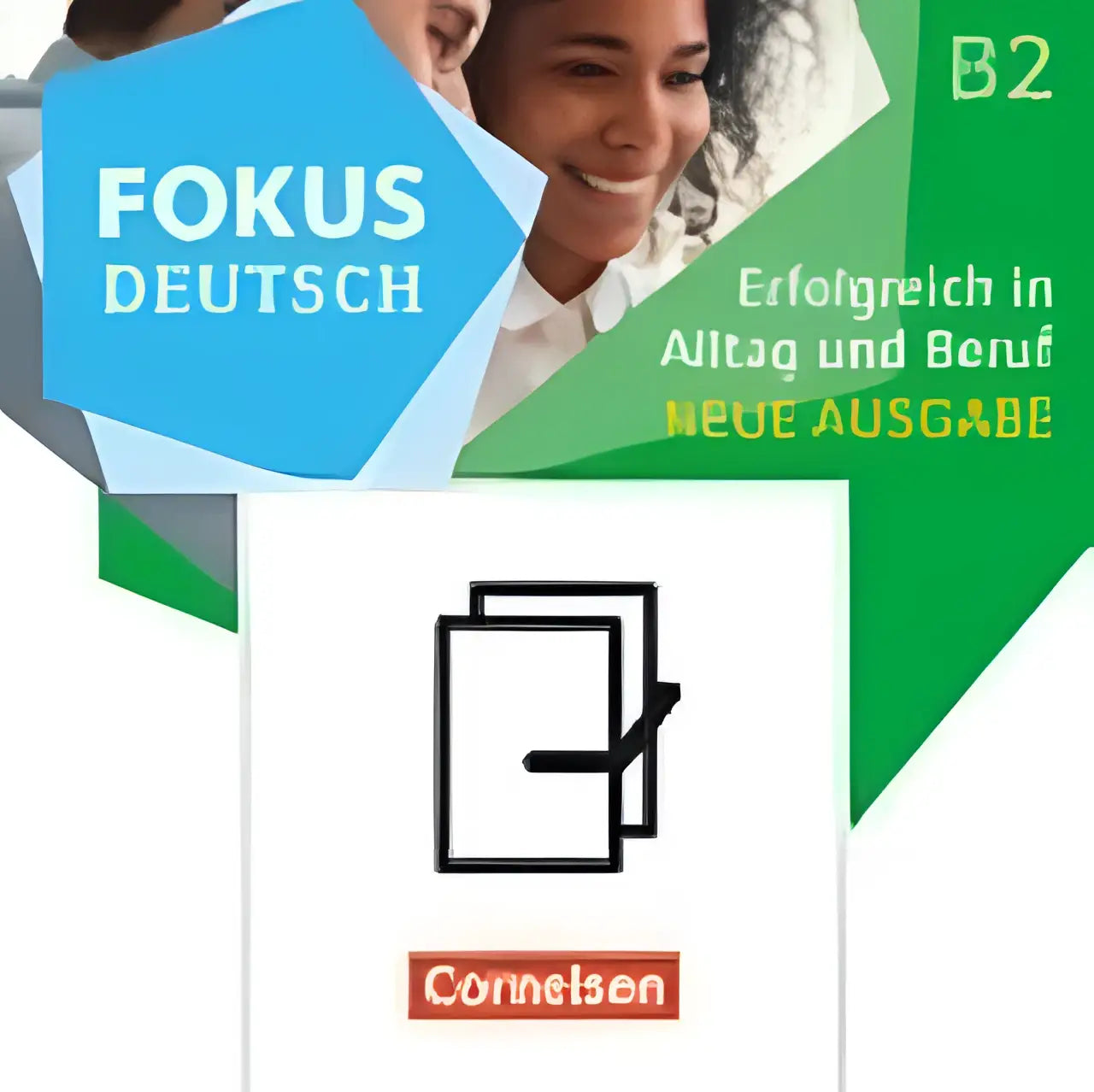 Fokus deutsch b2 met brückenkurs b1+ im paket leerboek met lachende vrouw en minimalistisch pictogram