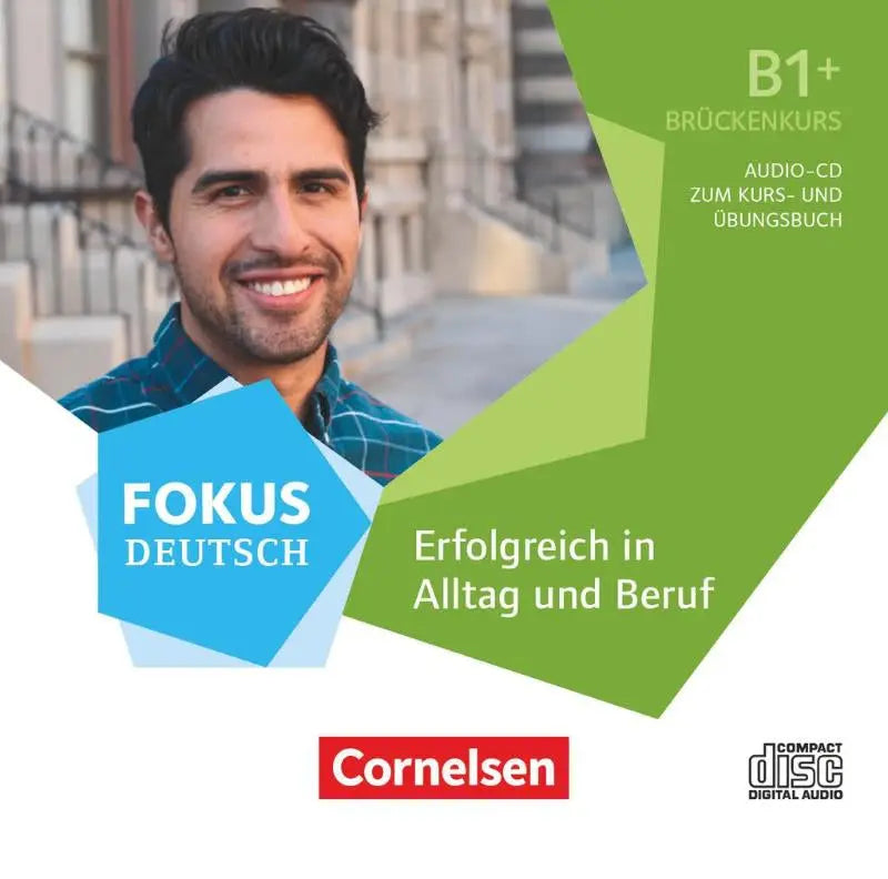 Audio-cd cover met groenblauw geometrisch ontwerp voor fokus deutsch brückenkurs b1+ niveau b1+ door cornelsen
