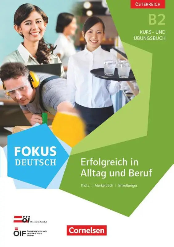 Boekcover voor fokus deutsch b2 cursusboek met groene en blauwe geometrische design voor alltag und beruf