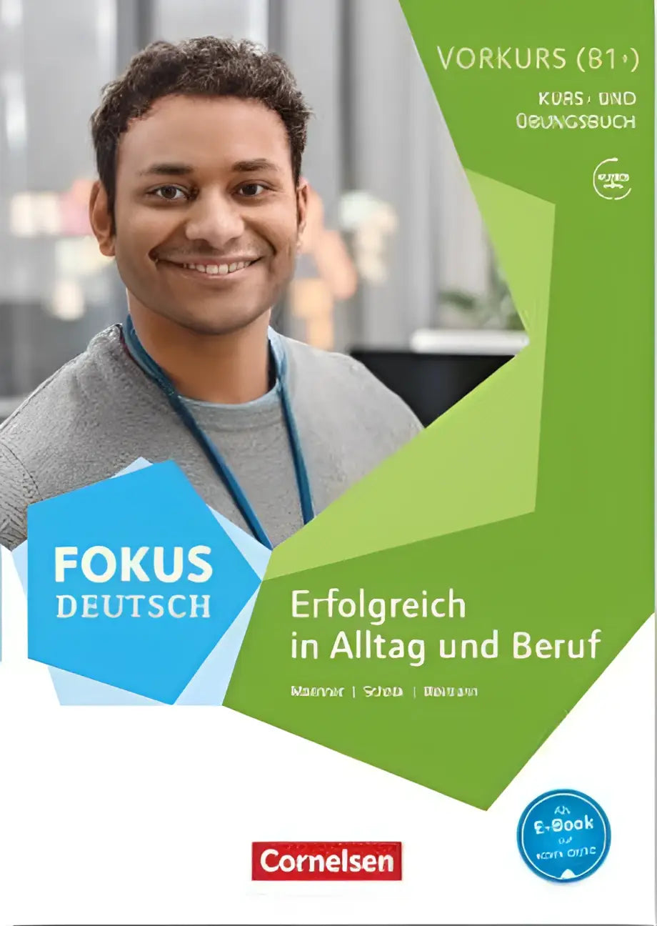 De voorkant van fokus deutsch vorkurs boek met een glimlachende man in grijze trui voor zelfstandig oefenen niveau b1+