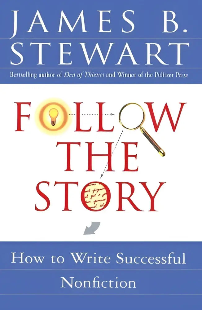 De boekcover van follow the story toont de titel in rode letters met een lichtbol en vergrootglas icoon erboven