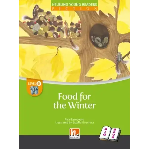 Food for the winter big book met geel-groene boom en eekhoorns