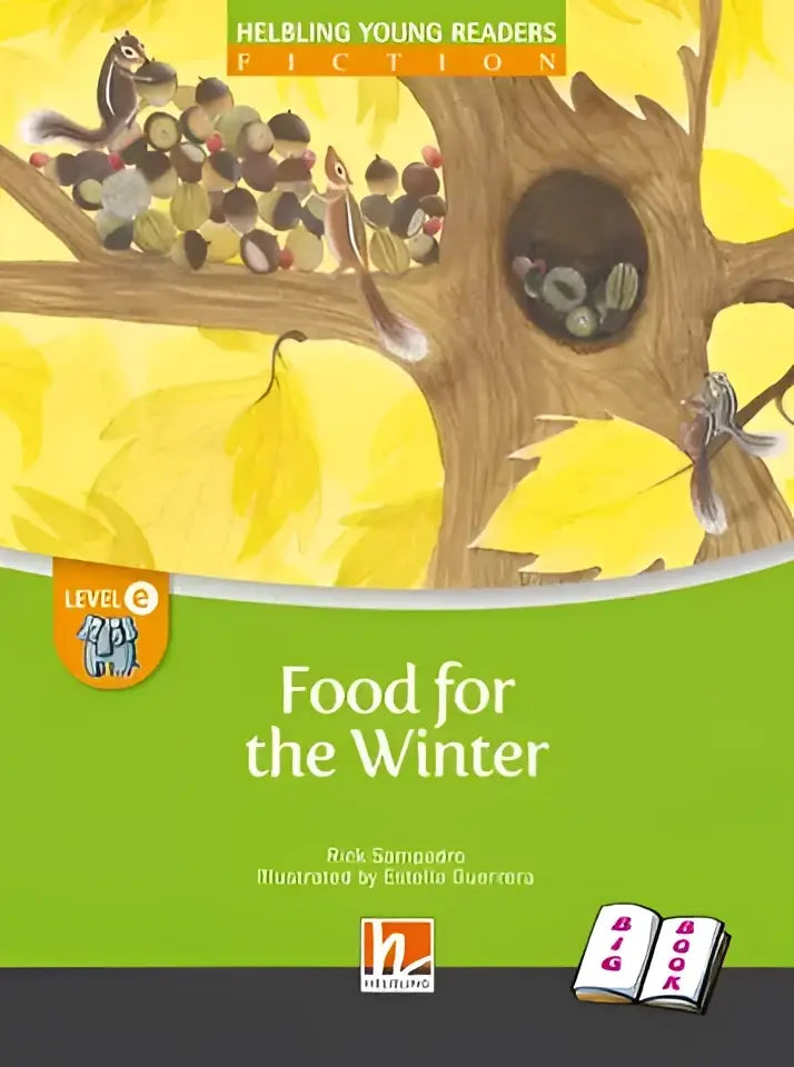 Food for the winter big book met geel-groene boom en eekhoorns