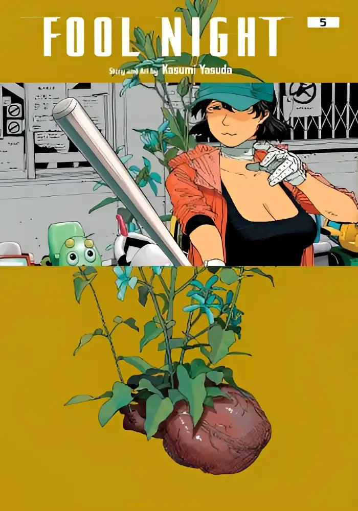 The cover of fool night volume 5 by kasumi tasuda features a woman in an orange jacket and green cap holding a metallic pole beside a heart-shaped plant root
