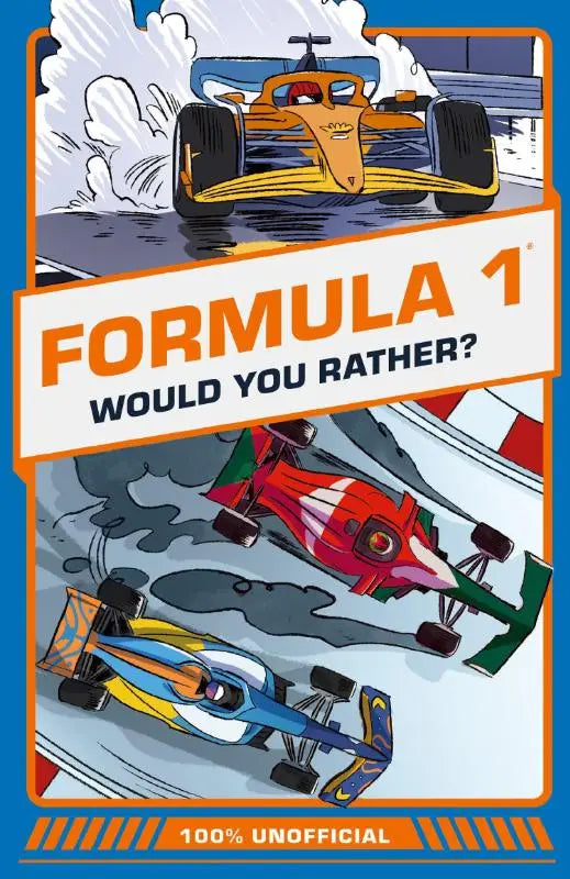 Cartoonstijl oranje formule 1 raceauto met glimlachend gezicht op gamekaart voor het spel would you rather
