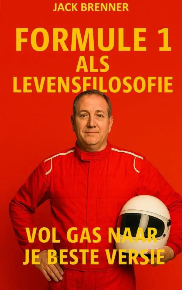 Man in rode racesuit met witte rand houdt witte formula 1 helm vast beste versie concept als levensfilosofie