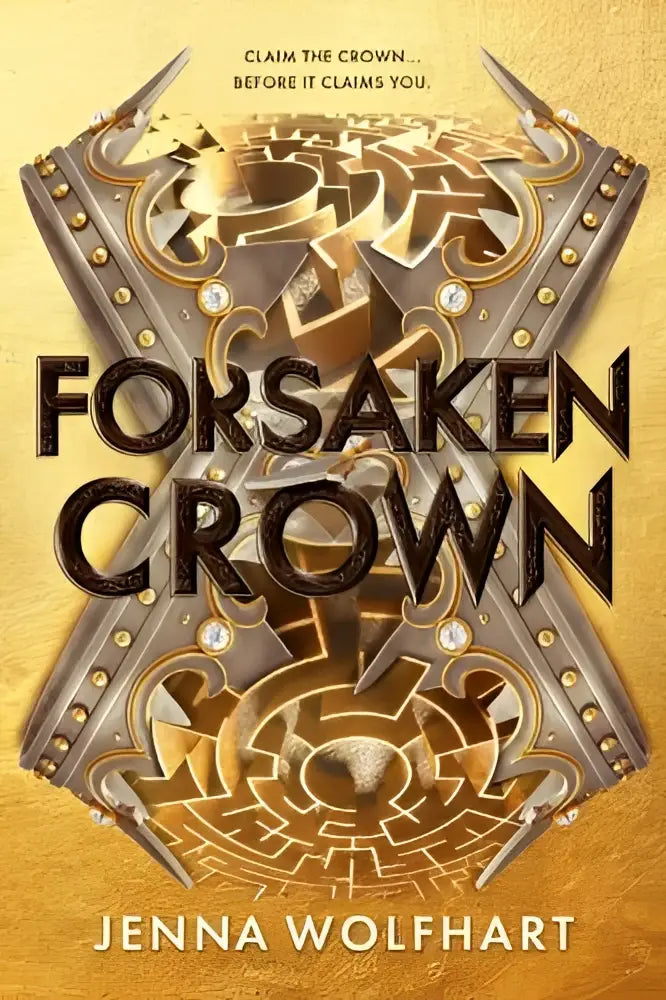 De forsaken crown fantasieromance boek heeft een sierlijke gouden en zilveren cover met complexe symmetrische patronen