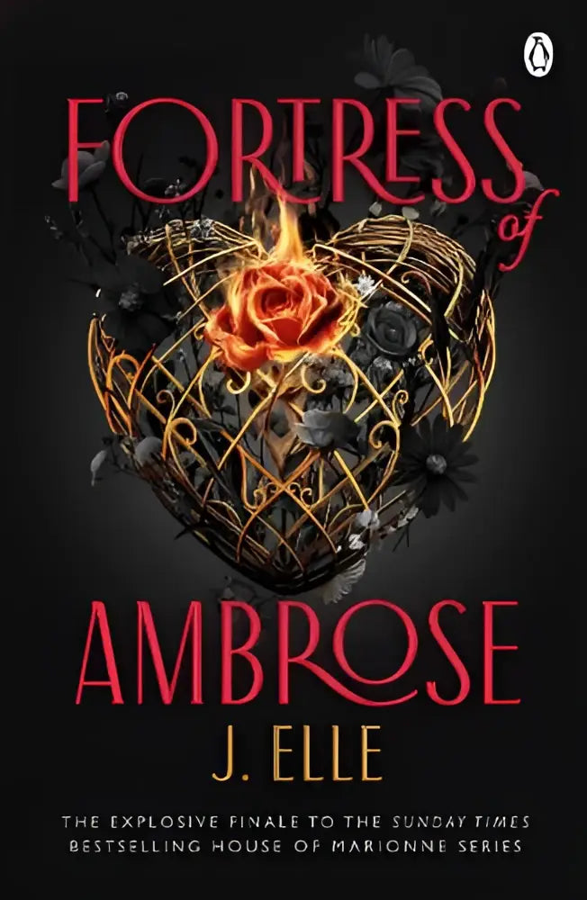 The cover of fortress of ambrose by penguin books ltd features a golden ornate heart-shaped cage with a red rose inside