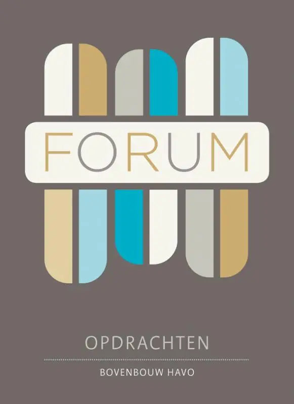 De moderne, minimalistische forum geschiedenis logo met abstracte verticale balken in room, goud, grijs en teal tinten