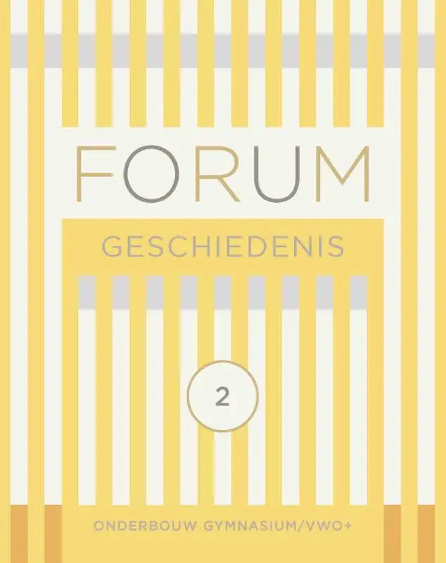 Gele en witte gestreepte boekomslag met titel forum geschiedenis en een cirkelvormig badge met nummer 2