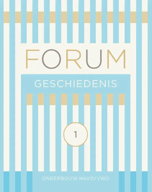 Minimalistische boekomslag van forum geschiedenis met lichtblauwe en crèmekleurige verticale strepen en gouden en grijze letters