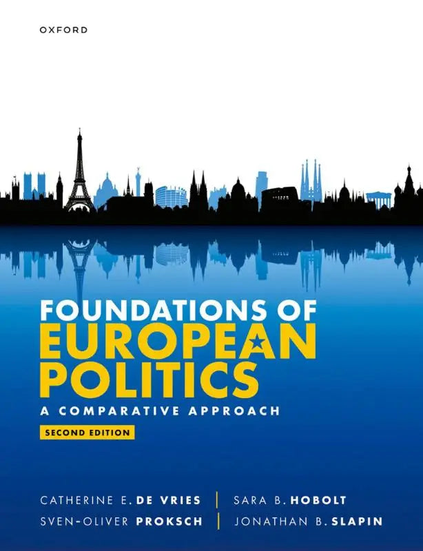 De boekomslag van Foundations of European Politics toont een blauwe verloopachtergrond met silhouetten van Europese monumenten