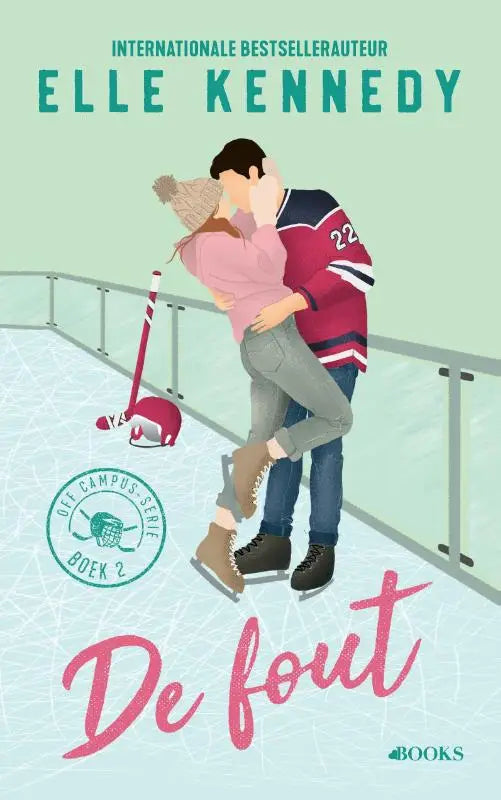 Lichtmintgroen boek met roze cursieve titel de fout en illustratie van schaatsend paar elle kennedy populaire off campus-serie new adult romance