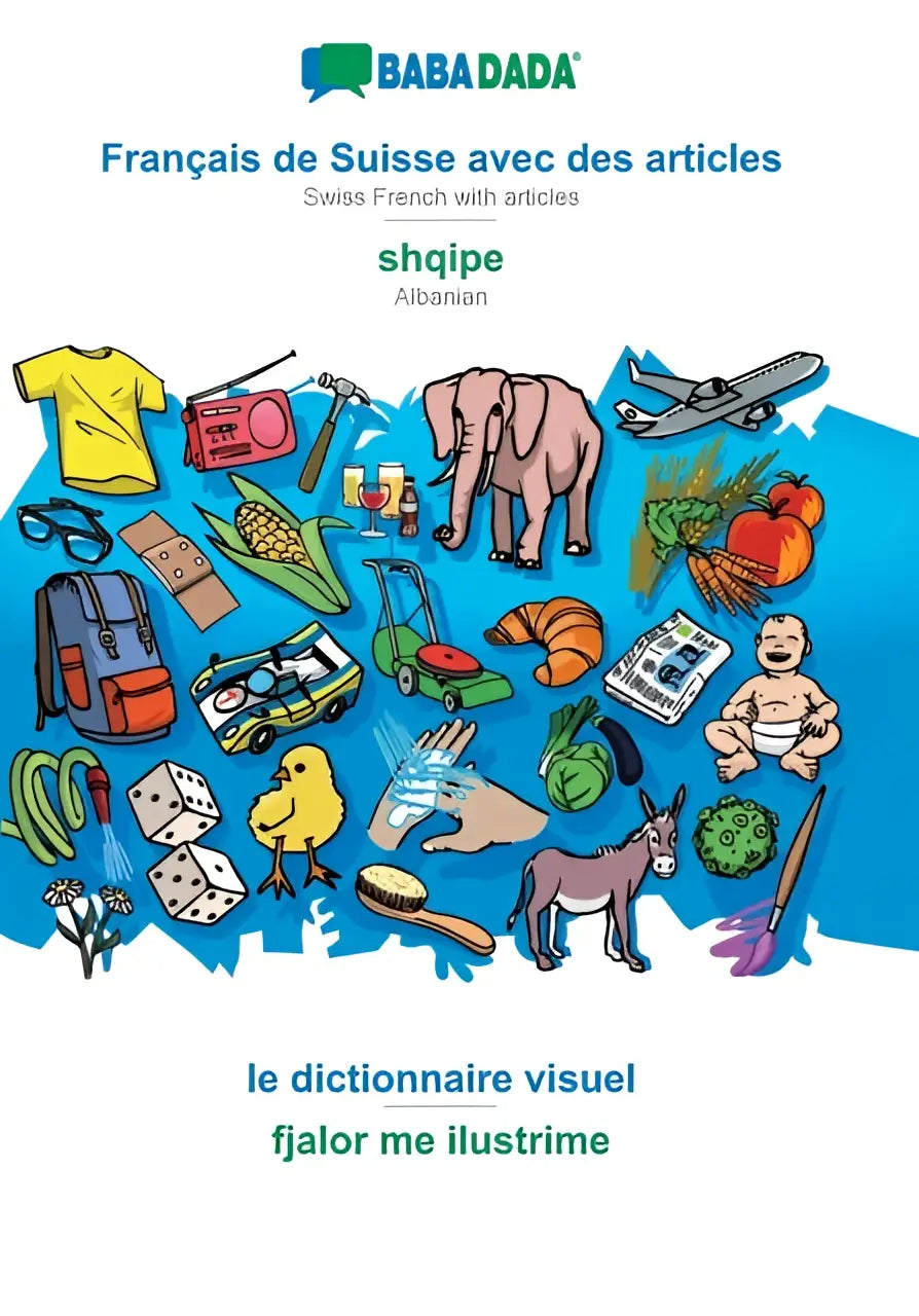Cover van babadada swiss french visueel woordenboek suisse avec des met kleurrijke illustraties van gele trui, roze radio, olifant, vliegtuig en groenten