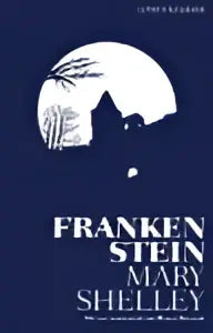 Donkerblauwe boekomslag van frankenstein door mary shelley met witte silhouetten, vertaalde literaire roman atlas contact