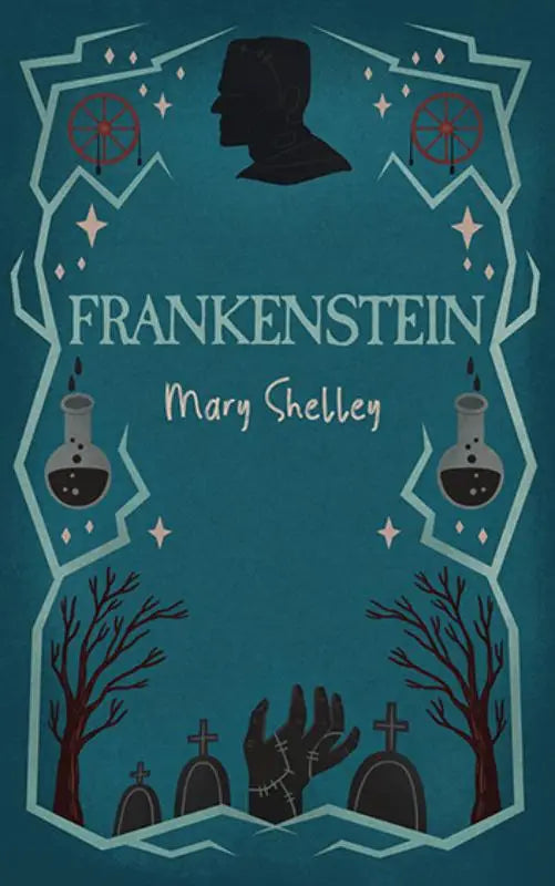Teal gekleurde boekomslag van frankenstein met silhouet van monster, laboratoriumflessen en kerkhofbeelden