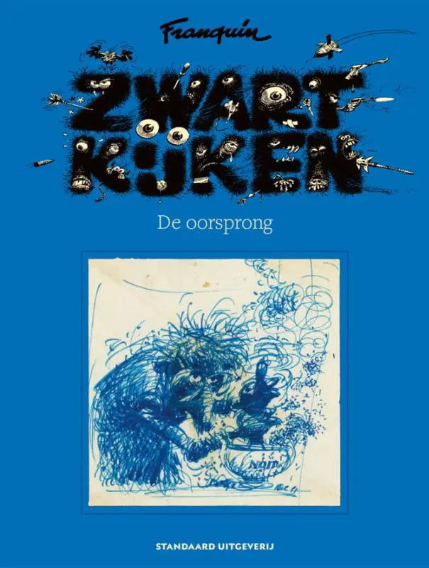 Blauwe comic boek cover van franquin artbook zwartkijken met zwarte stijllettering en cartoon ogen en insecten