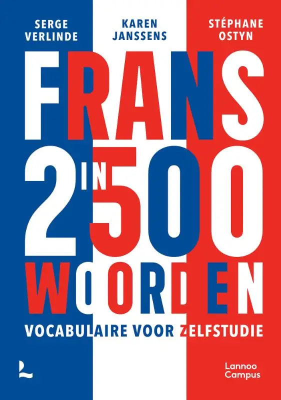 Het boek frans in 2500 woorden vocabulaire voor zelfstudie heeft een wit omslag met roodblauwe blokletters en verticale strepen