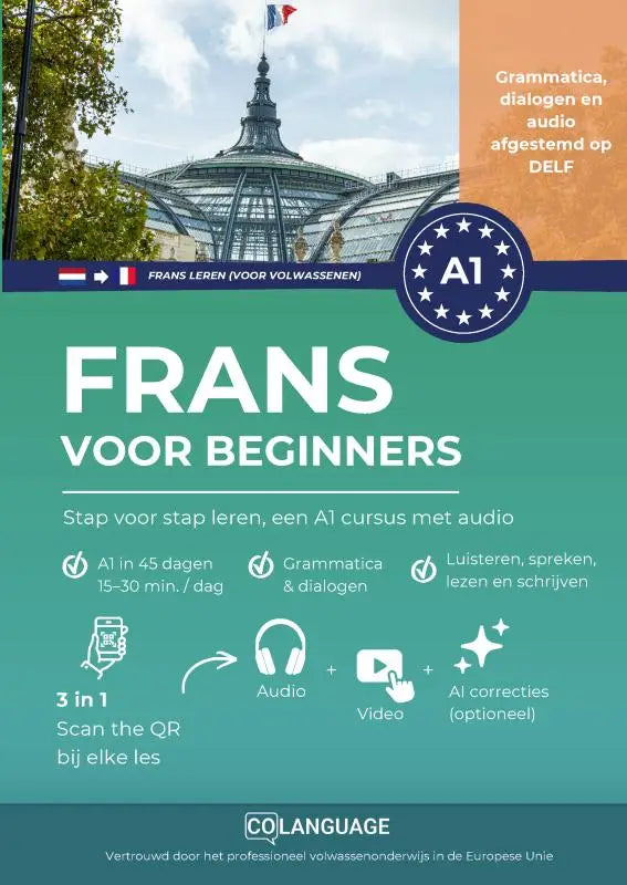 Teal en oranje omslag van de A1 Franstalige cursus Frans voor beginners met duidelijke grammatica en handig online portaal