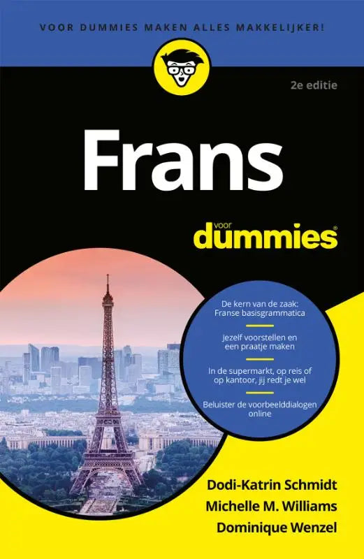 Frans voor dummies taalboek zwart met geel met eiffeltoren afbeelding tegen zonsondergang hemel