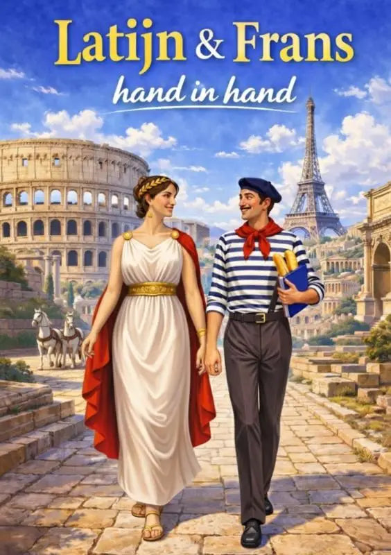 Een romantische illustratie voor frans en latijn hand in hand deel i met vrouw in romeinse jurk en man met rood sjaal