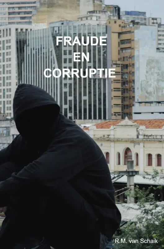 Persoon draagt zwarte katoenen hoodie met capuchon silhouet voor stedelijke skyline thema fraude en corruptie