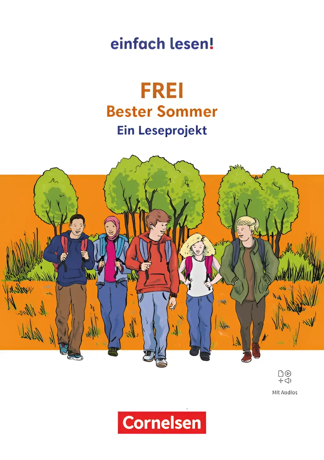 De cover van het vrij bester sommer leesprojectboek van cornelsen met geïllustreerde kinderen en een oranje groene achtergrond