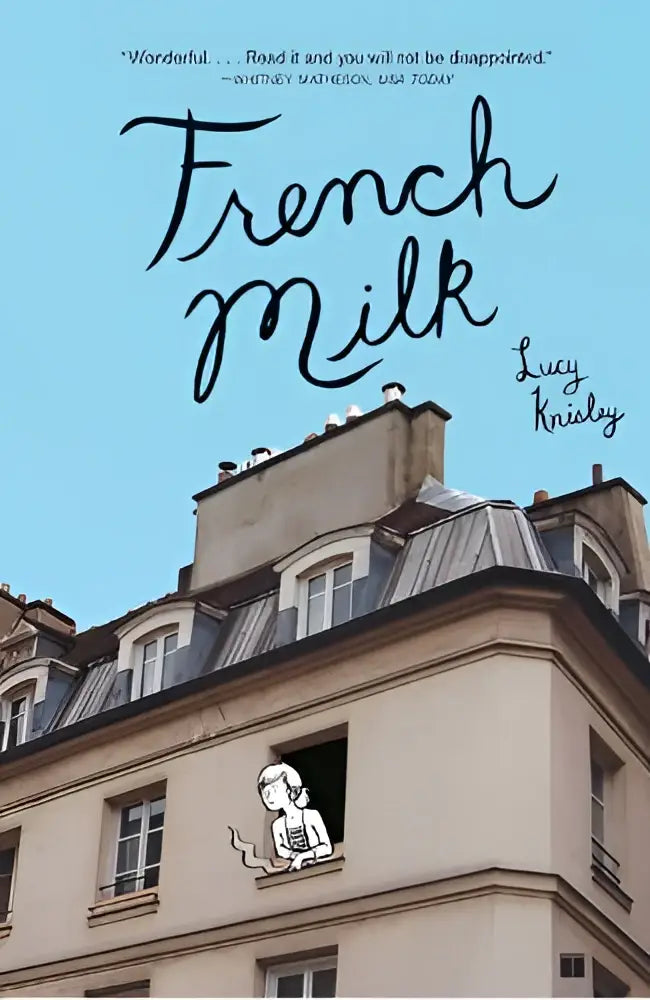 De french milk boekomslag toont de titel in elegante zwarte cursieve letters en een meisje dat uit een europees raam kijkt