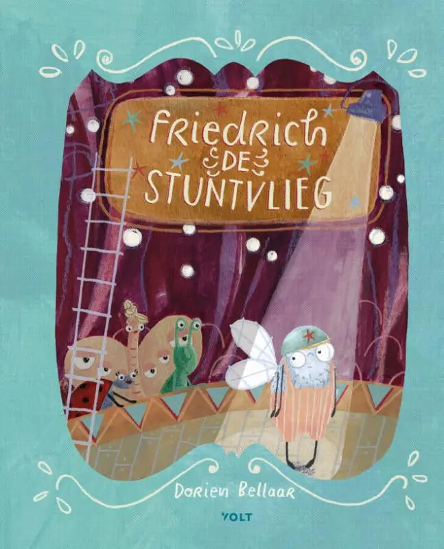 Whimsical kinderboek cover met cartoon insect in oranje wit gestreepte outfit op podium onder paarse gordijnen dorien bellaar