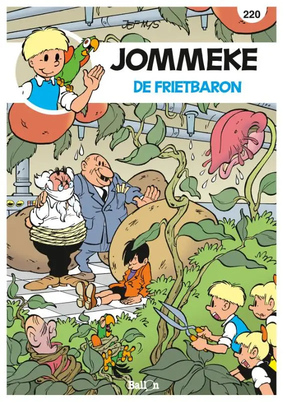 De cover van de comic strip jommeke de frietbaron door jef nys toont kleurrijke illustraties en fantasierijke karakters